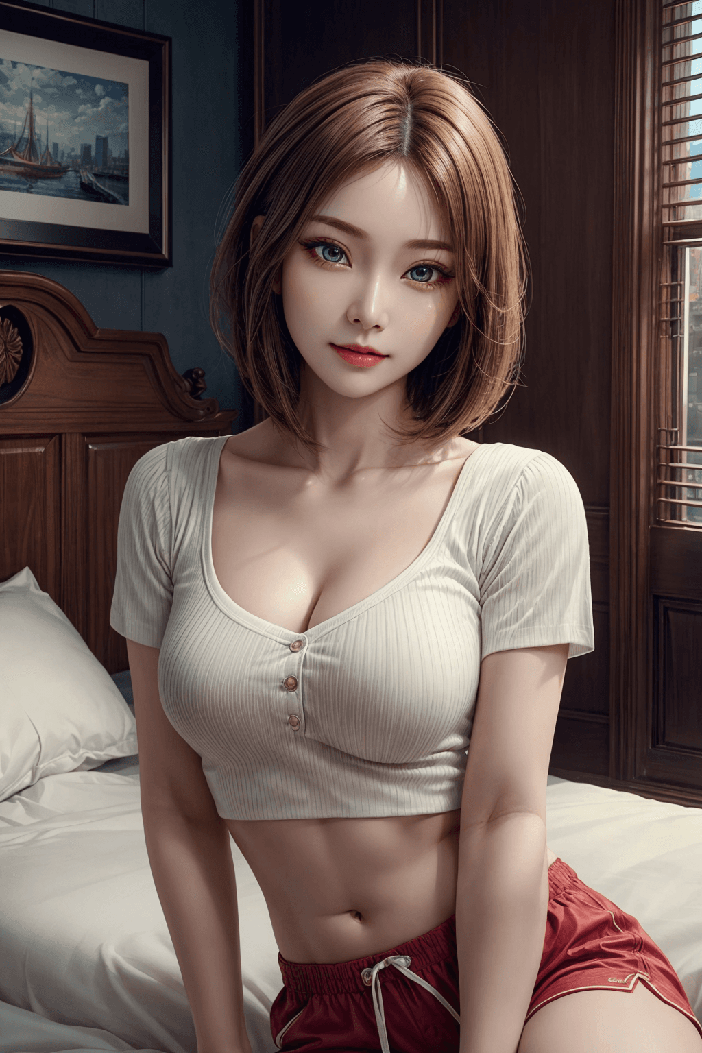 AI generated: 1 girl, a Beautiful idol, (Cute Loose Bob hair), (casual clothes), (showing midriff), (toned stomach...