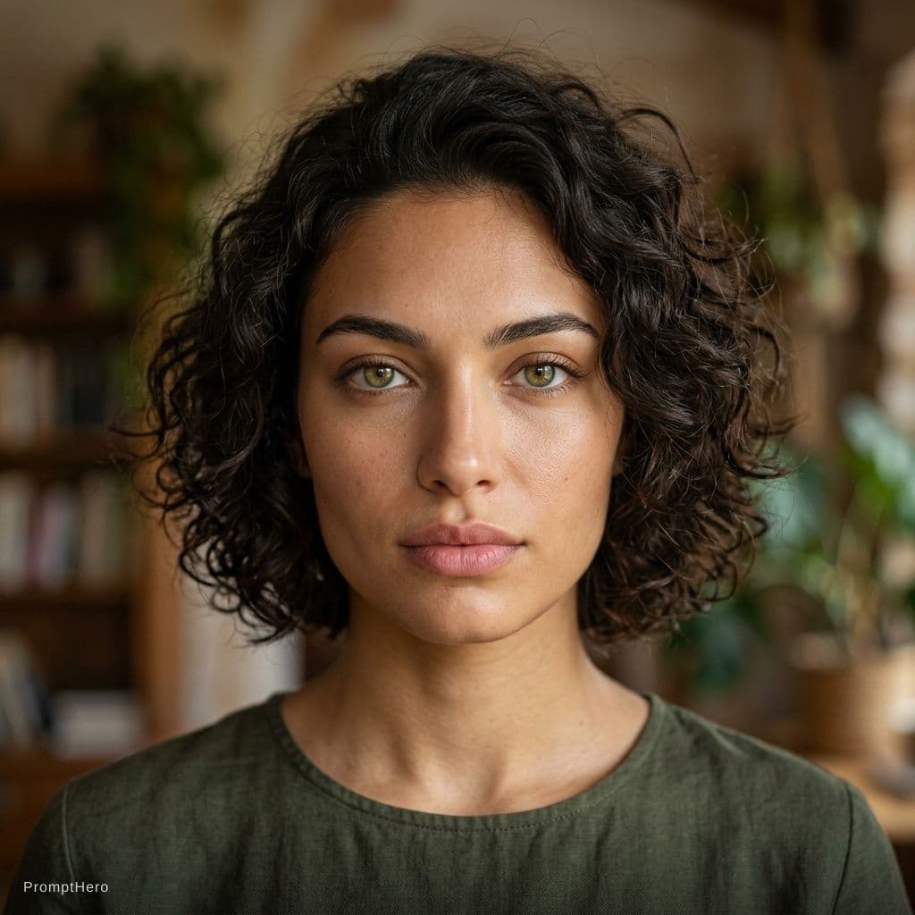 AI generated: Ultra-realistic portrait of a 20 years old woman with striking hazel-green eyes, intense and symmetr...