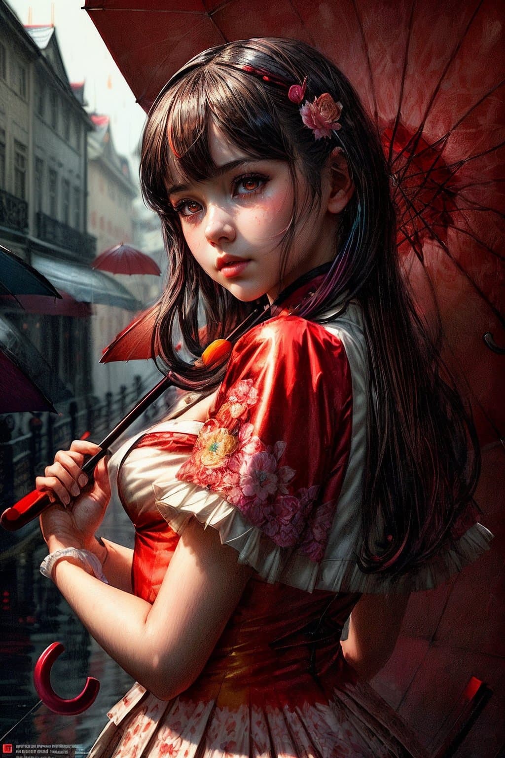 AI generated: a portrait of a (girl holding a colorful umbrella umbrella:1.5), long hair, pinky red theme, genshin...