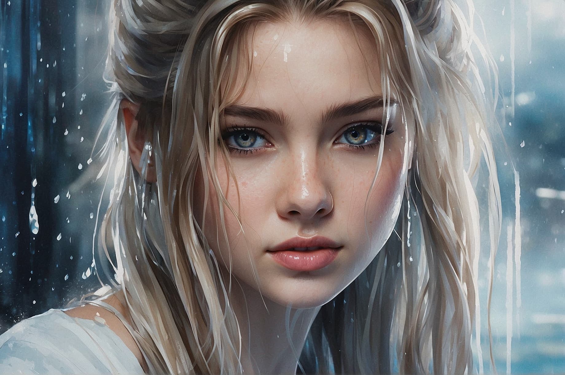 AI generated: A water color of close up model's face, raindrops as foreground, a wet look, small smile, white dres...