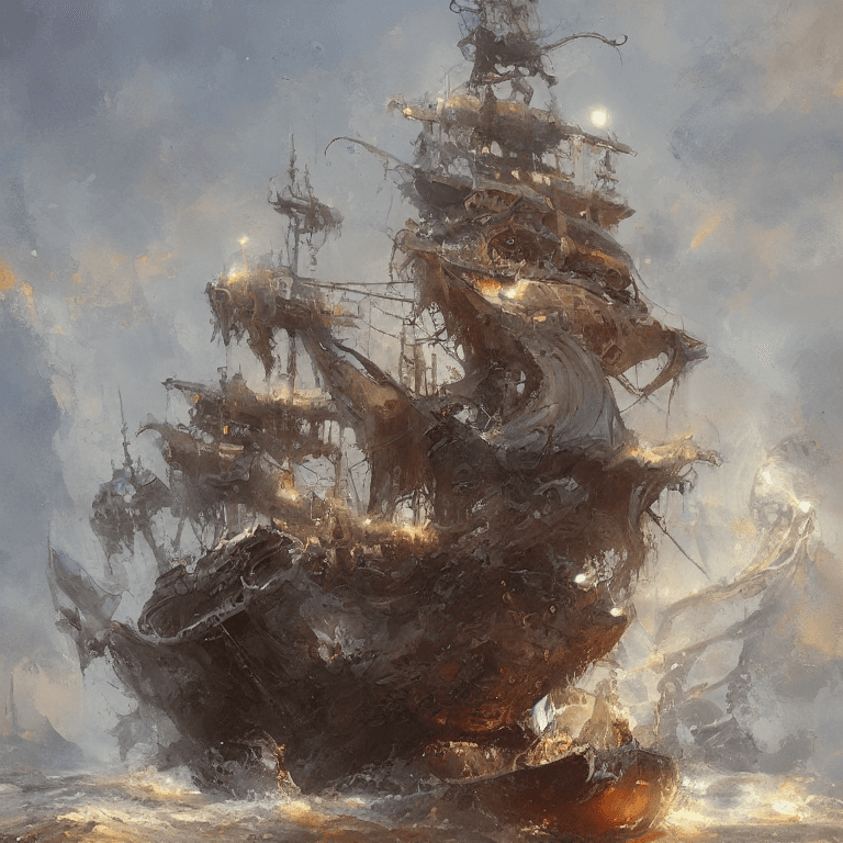 AI generated: oil painting with heavy impasto of a pirate ship and its captain, cosmic horror painting, elegant in...