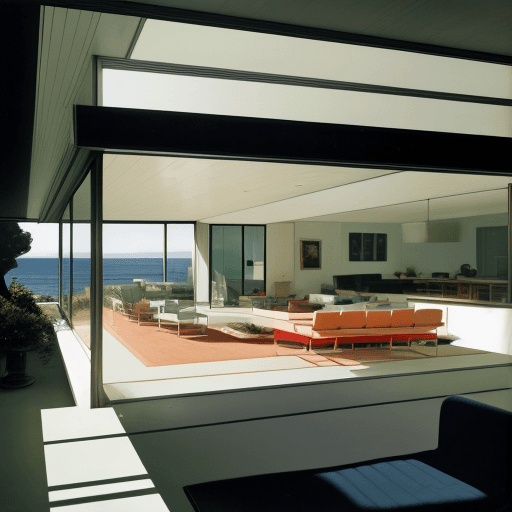 AI generated: Hyper realistic eye level exterior photo of a mid century modern style house overlooking the ocean, ...