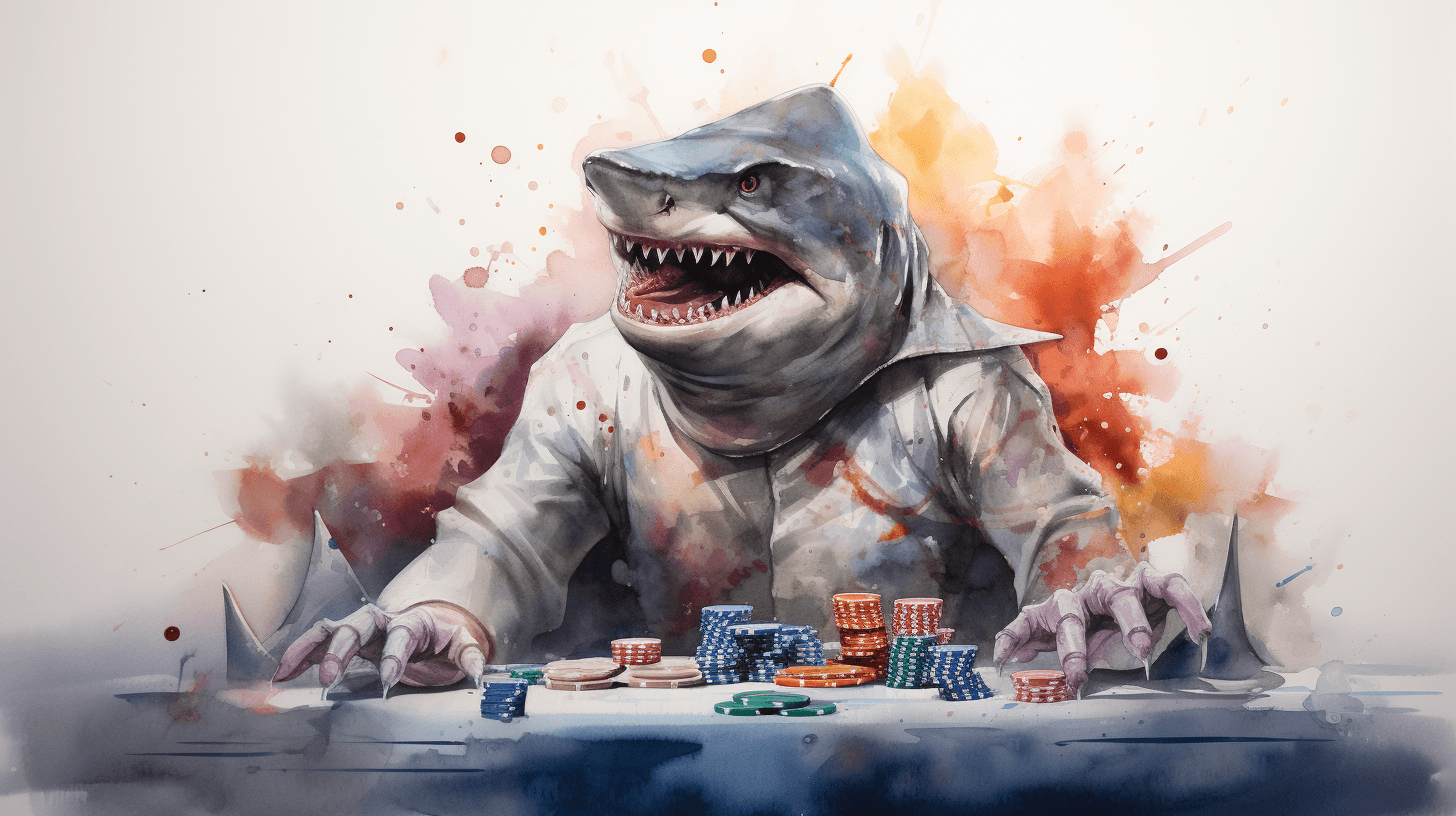AI generated: watercolor painting, poker shark, shark sitting at poker table, realistic art image --ar 16:9 -