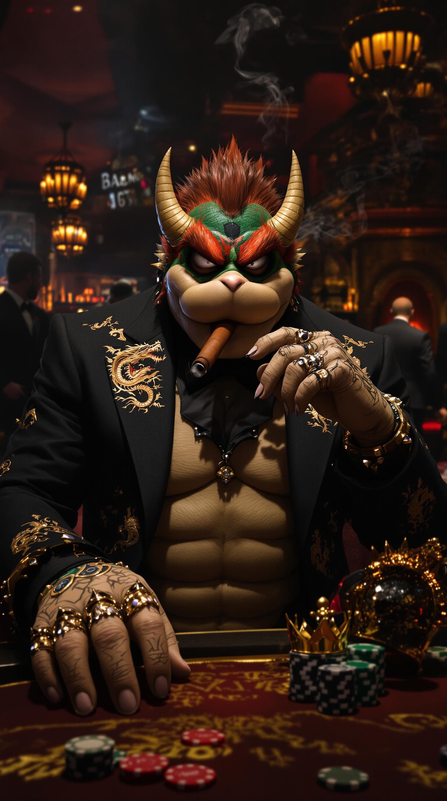 AI generated: A hyper-realistic crime lord inspired by Bowser from Super Mario Bros; towering, muscular build, dee...