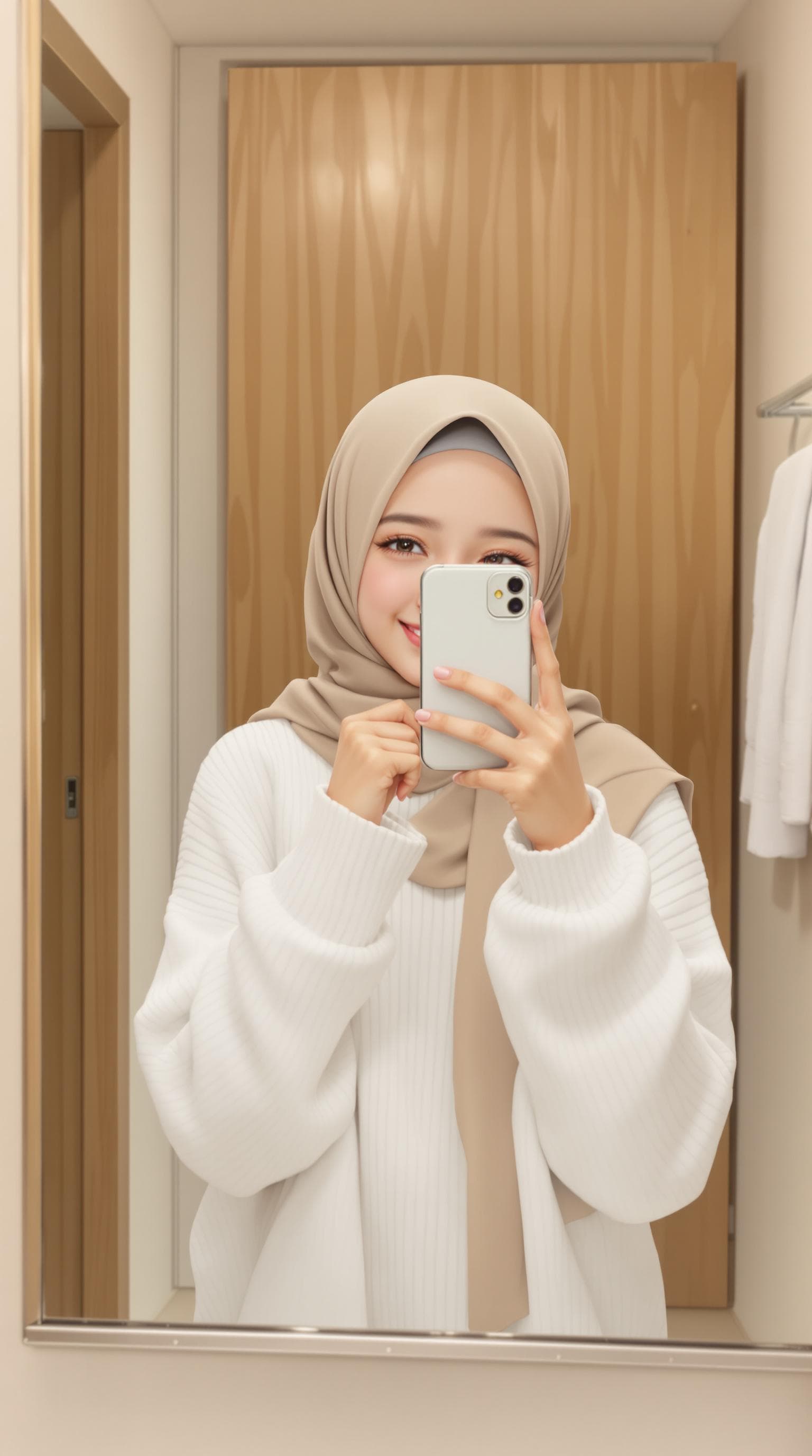 AI generated: anime, 1girl, wearing a hijab smiles, mirror selfie. wearing a white sweater and a beige hijab. The ...