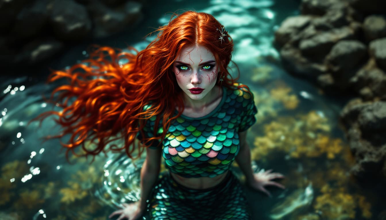 AI generated: a full body photo shot of a gorgeous cute (Mermaid) ginger with red hair, wearing a T-Shirt made of ...