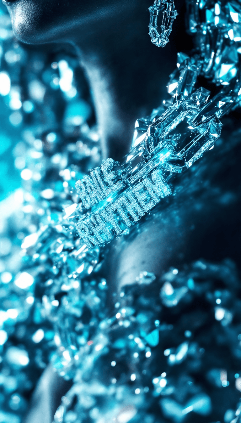 AI generated: big diamond ice out cuba chain. On the Chain  is the text: BAILE RHYTHEM" in a abstract diamond font...