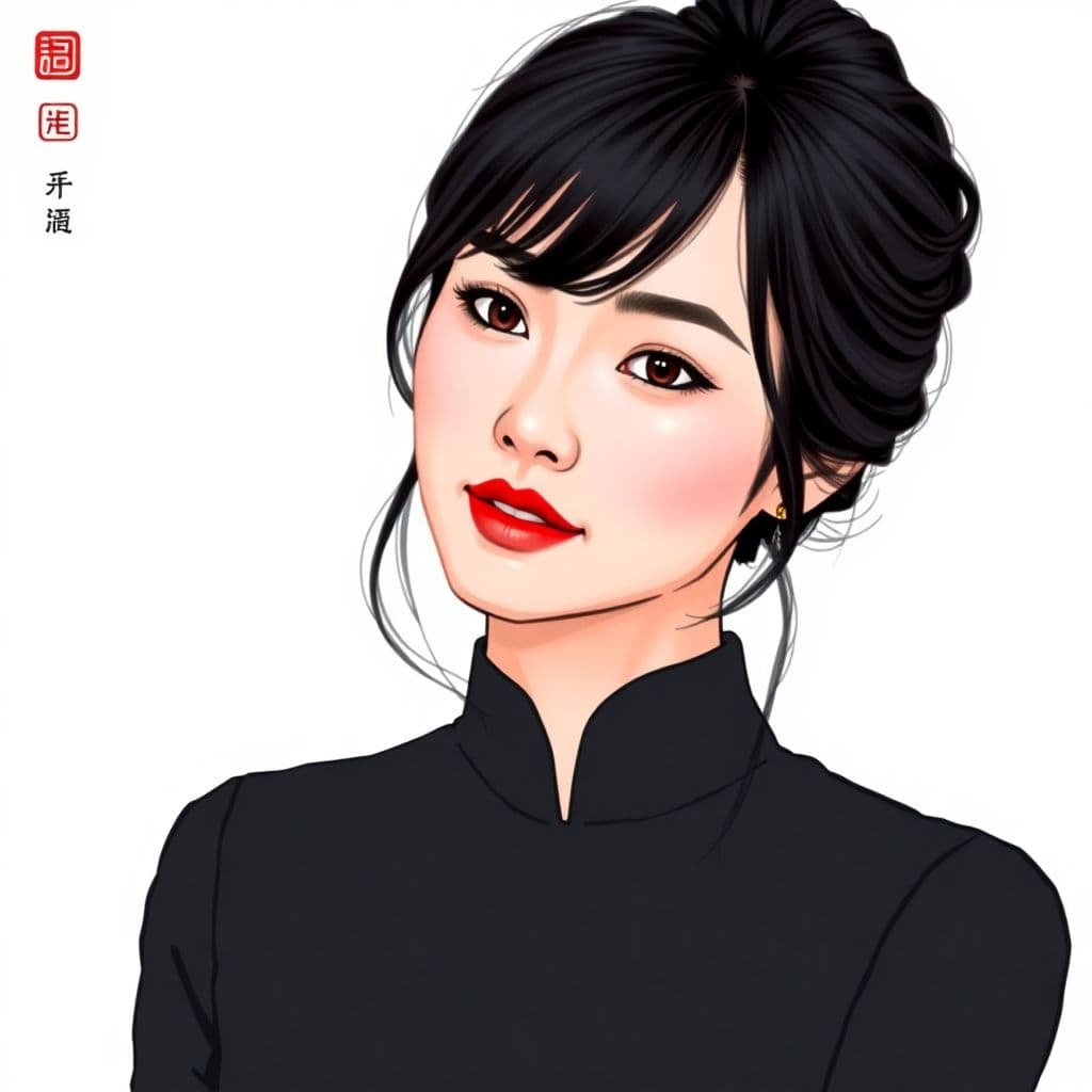 AI generated: realistic, Chinese ink style portrait of Chinese photographer Zhang Jingna, wearing a black dress an...
