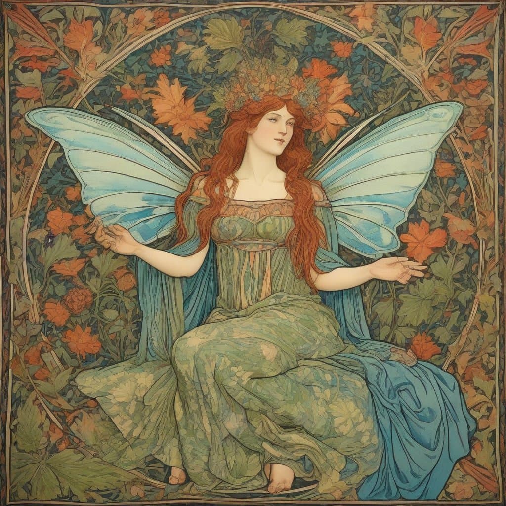 AI generated: A fairy queen in the style of Louis Rhead on a tapestry in the style of William Morris, vivid colors