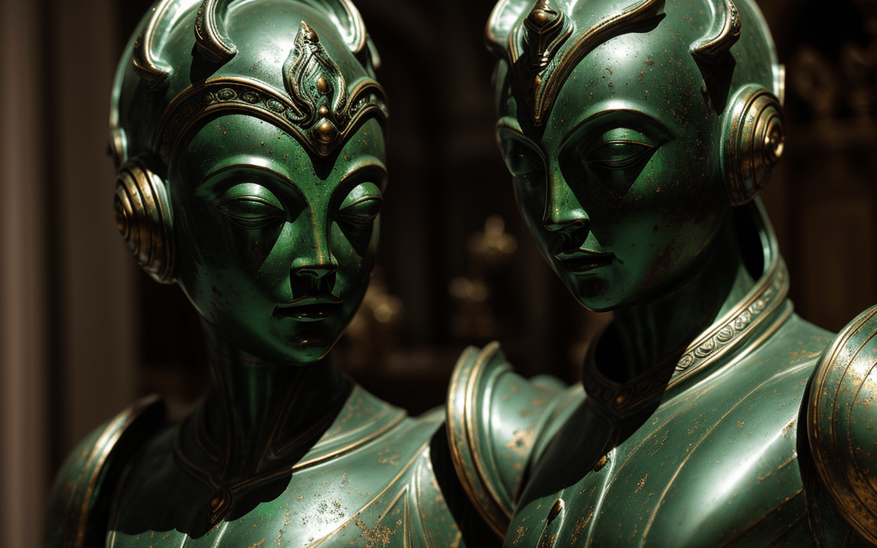 AI generated: one,barocco,interior statue alien,decorative bronze,( green patina:1.4), interior design,(Intricate ...