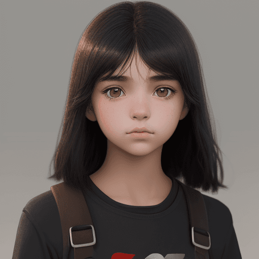 AI generated: a girl, barely 16 years old, with short stature, brown eyes and jet black hair, fleeingsoft-focused ...