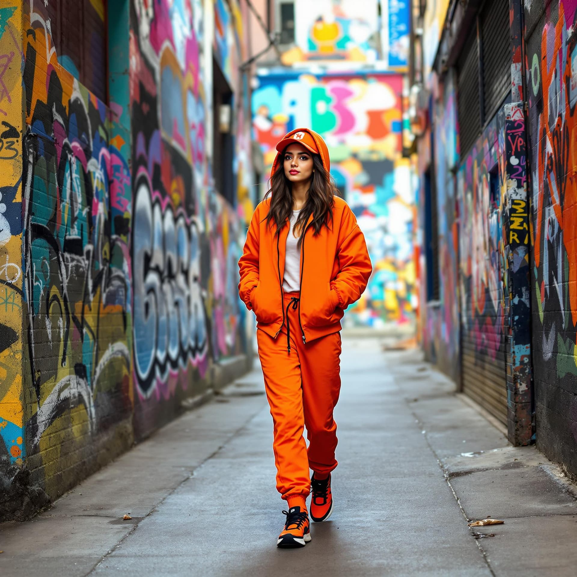 AI generated: A young Indian woman in a vibrant orange outfit, including a hooded bomber jacket, jogger pants, and...