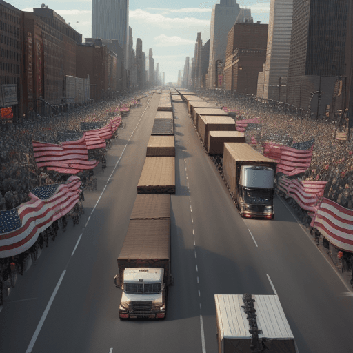 AI generated: truckers for trump blockade New York city, brining it to it's knees. Wide angle, trending on artstat...
