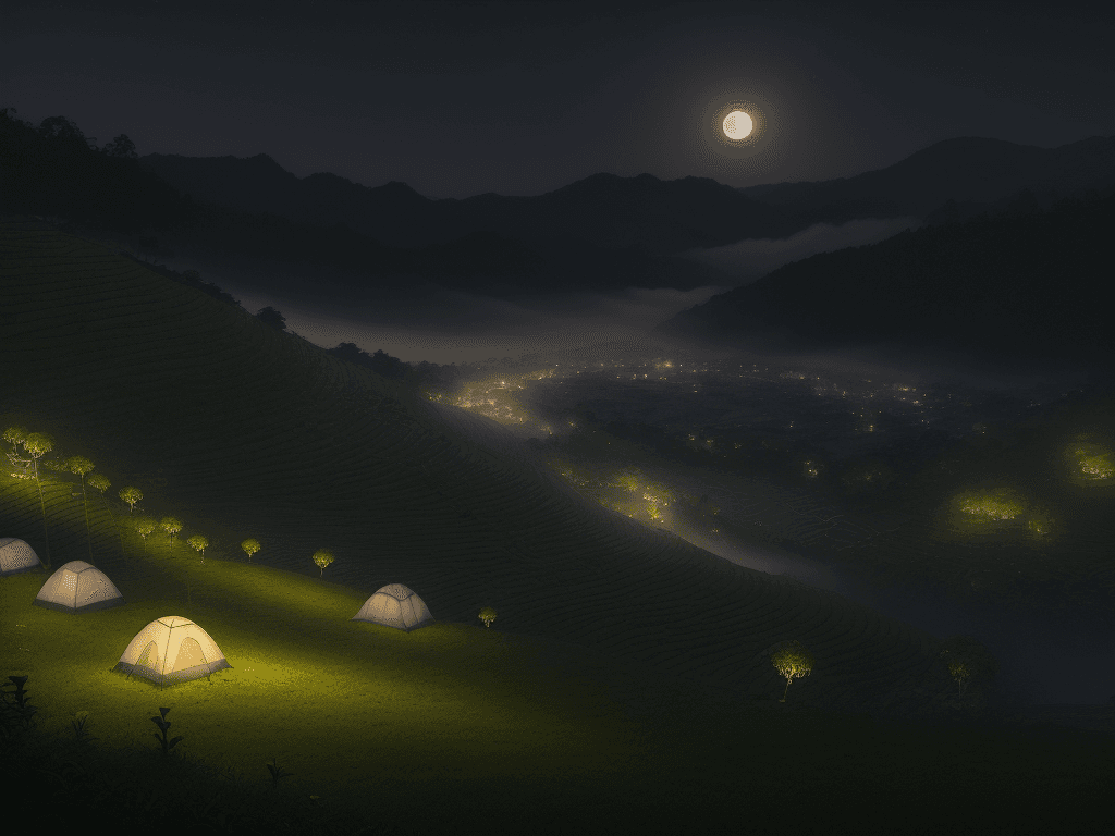 AI generated: /imagine prompt: Set within a misty tea plantation, tents arranged on terraces overlooking a valley,...
