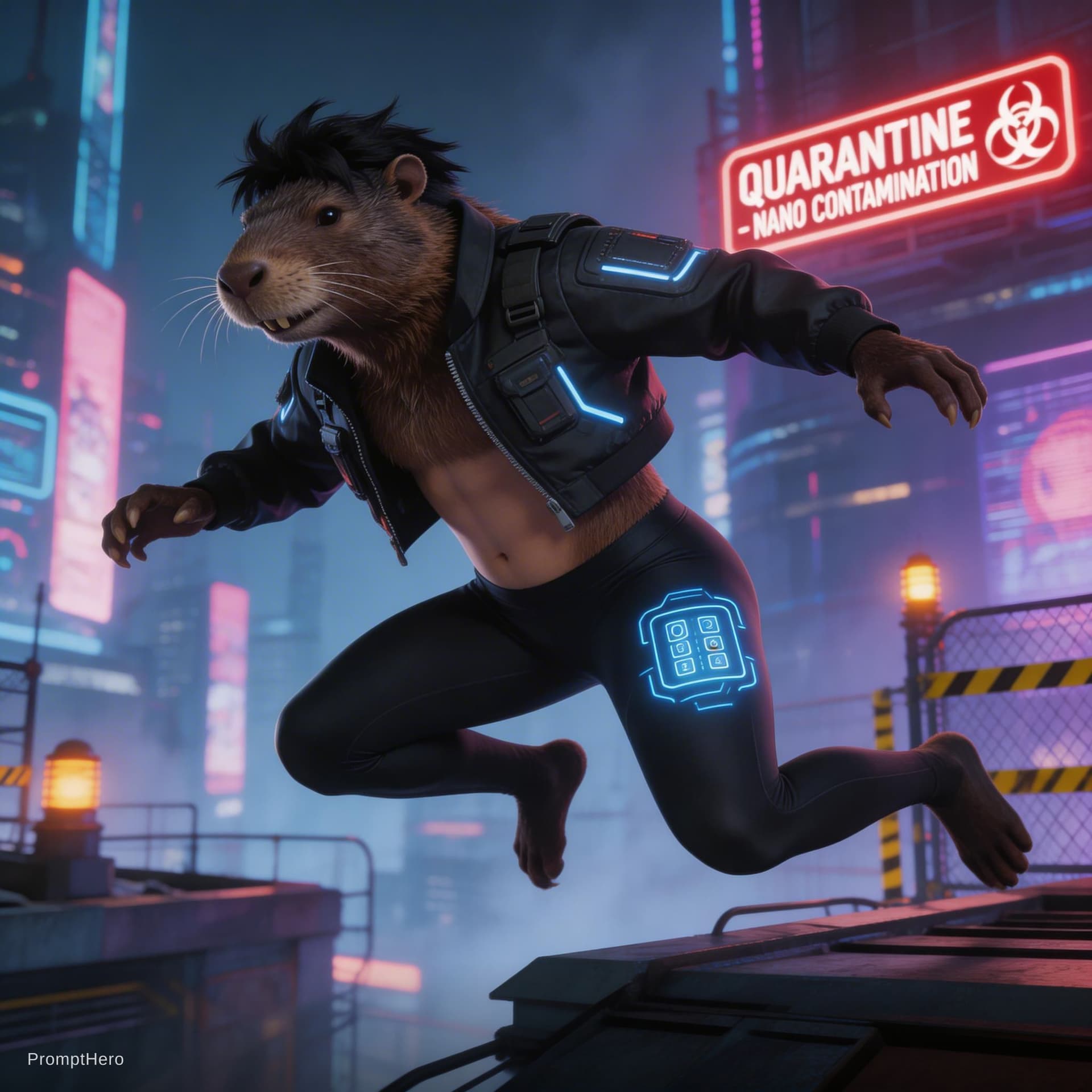 AI generated: Cyberpunk style: photo of a slender beaver with dark brown fur, short, tousled black hair, a jacket ...