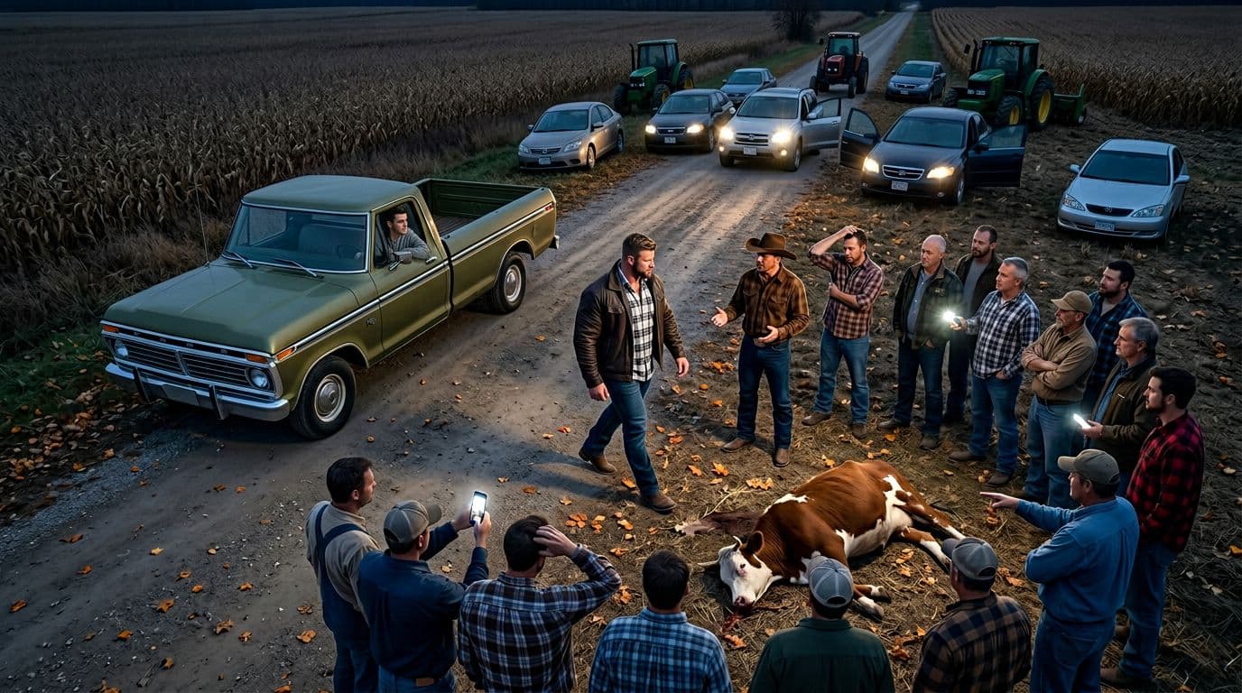 AI generated: In an Autumn night. The vintage olive green Ford pick up truck is parked next to the other cars far ...