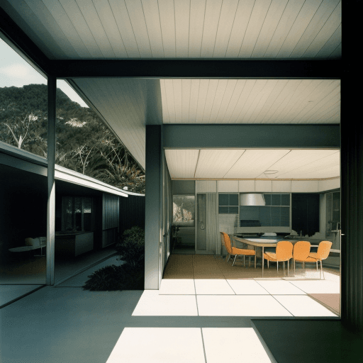 AI generated: Hyper realistic eye level exterior photo of a mid century modern style house overlooking the ocean, ...