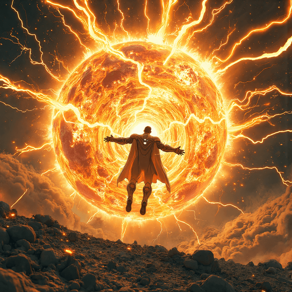 AI generated: A hyperrealistic, cinematic shot of a lone superhero seen from behind, centered in the middle of the...