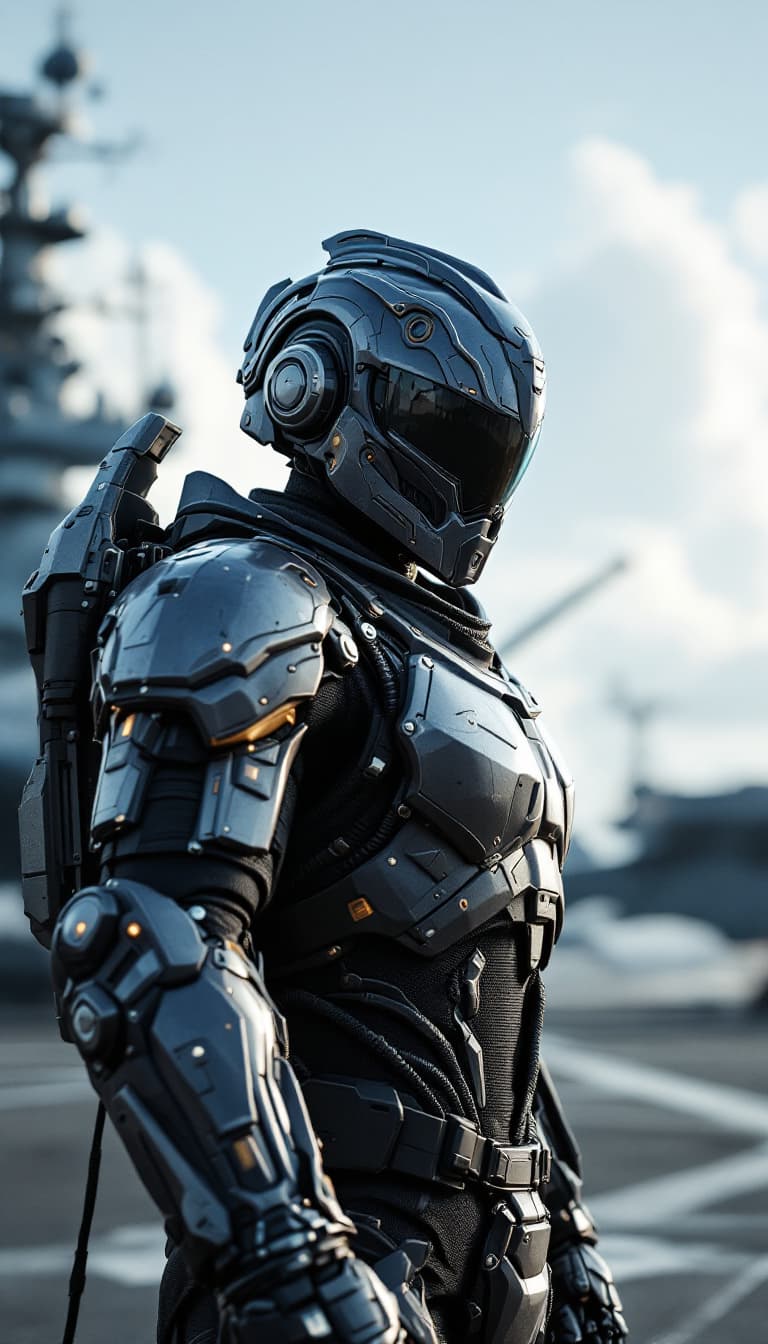 AI generated: HD 4K 3D render of a hyper-realistic male mech pilot, wearing an intricate knight helmet, standing c...