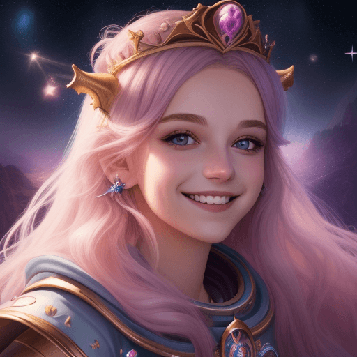AI generated: junge smiling prinzessin des lichts, weiße kurze Haare, fantasy, gesichtstatto, space, 8k, lichtmagi...