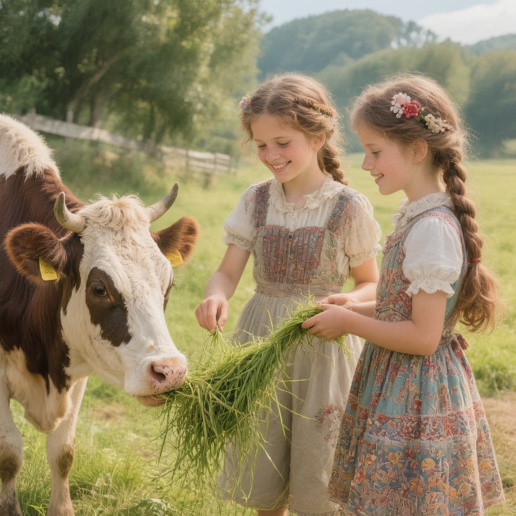 AI generated: Two girls standing near cow with grass to feeding cow