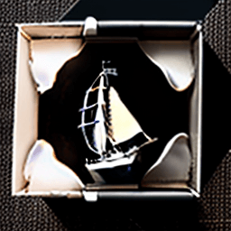 AI generated: Photo of a ultra realistic sailing ship, black gift box, open box 