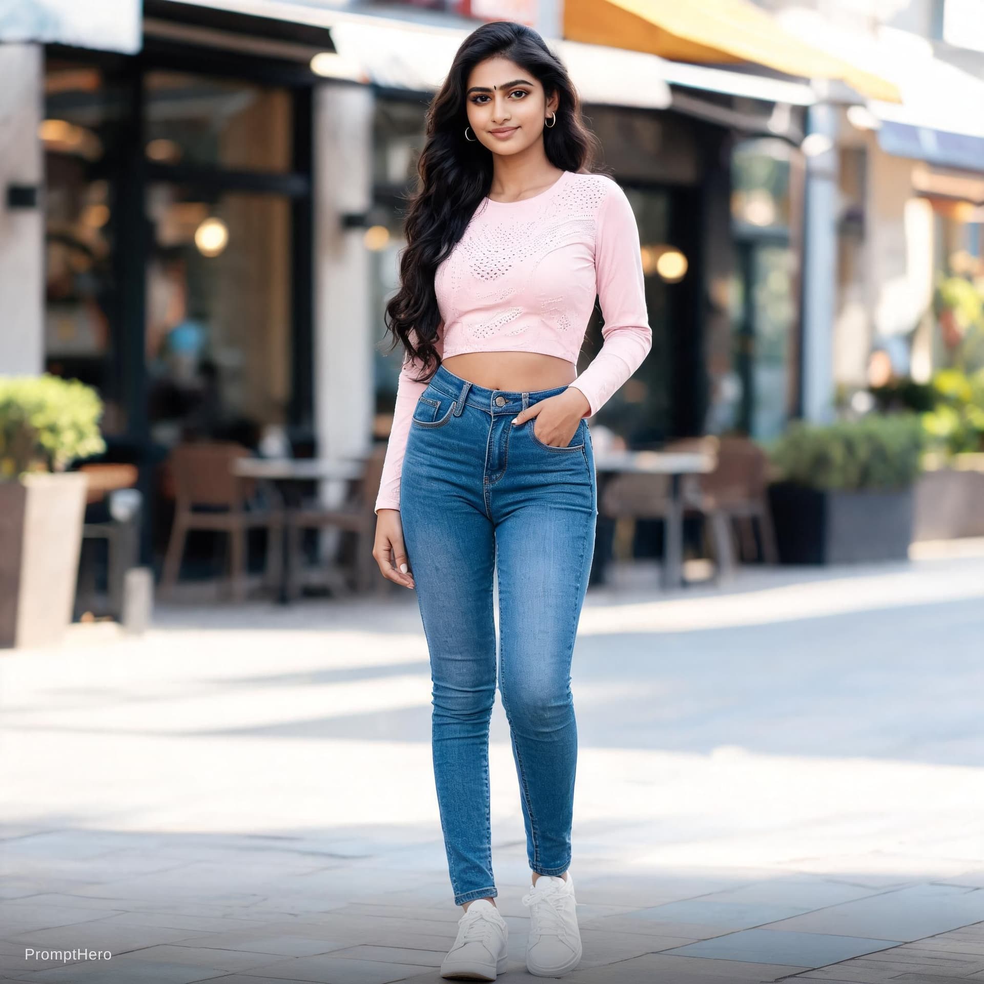 AI generated: Generate An Indian women Who Looks Hot Wearing Good Cloths Like Jeans and Top the women should be Fa...