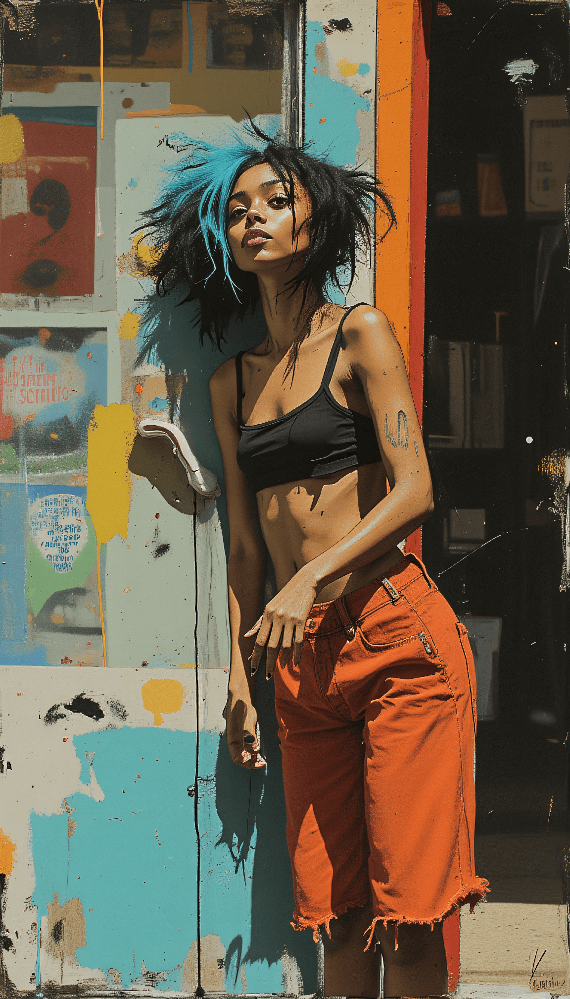 AI generated: Akan-Chokwe female playful dancer 24-year-old with short spiky cerulean hair, asymmetric crop top, c...