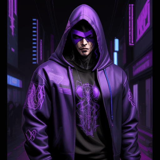 AI generated: hooded man, cyberpunk tattoo designs , in the style of silkscreen, purple and blue, rollerwave, sten...