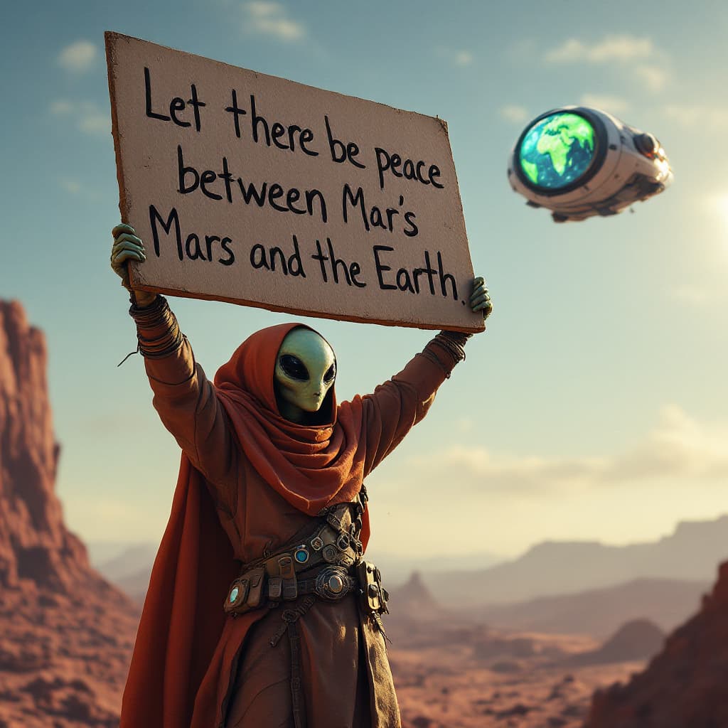 AI generated: an alien from mars, in a martian outift holding digital protest placard over his head , with a writi...
