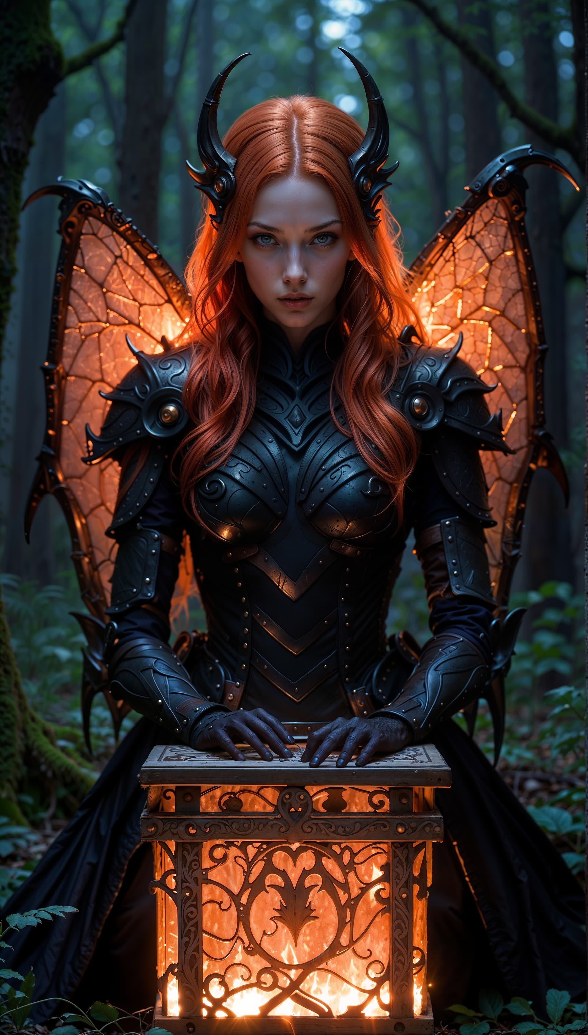 AI generated: A full body photo shot of a woman with long red hair and white Victorian Black Ebony wood armor, ins...