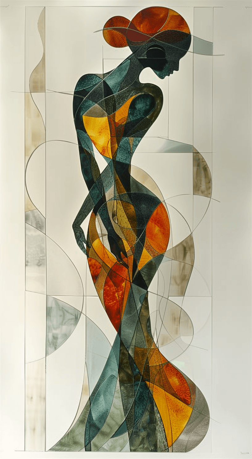 AI generated: a woman standing, in the style of Pablo Picasso, simplified geometric forms, simple use of color, dy...