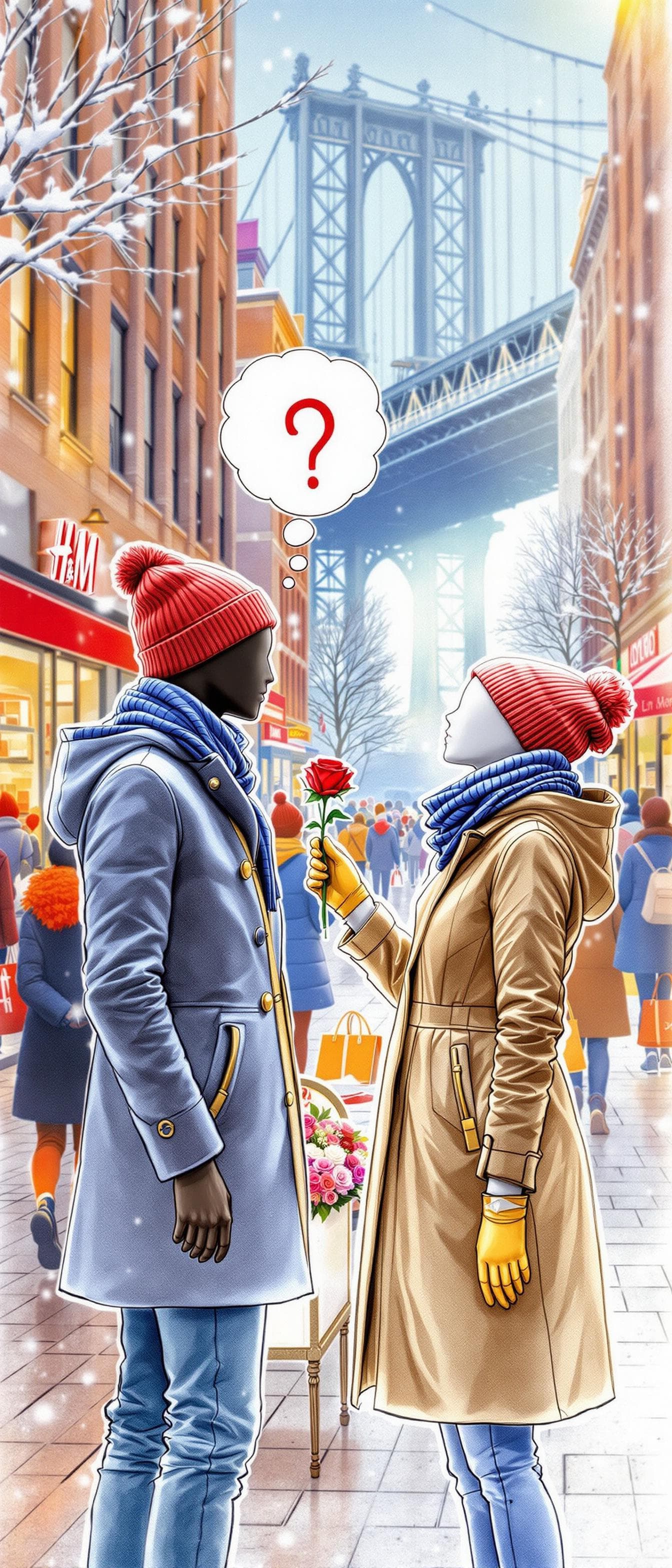 AI generated: A Dream in Disguise - A love story between Victor (black male mannequin) and Viola (white female man...