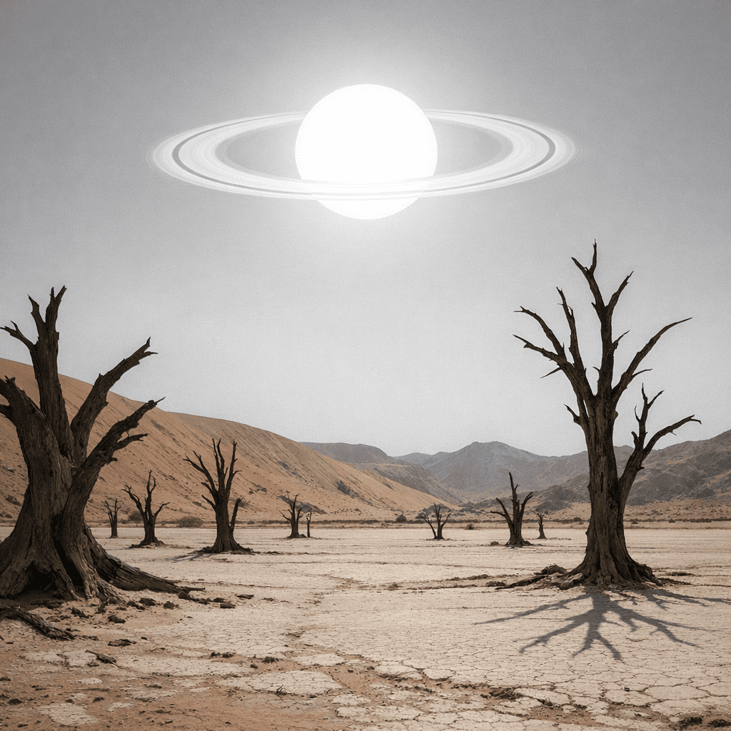 AI generated: a scenic landscape of a desert with dead trees but the sky has a more grey color with no clouds and ...