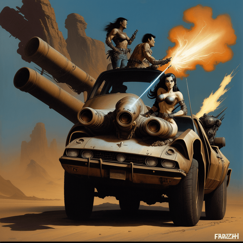 AI generated: Frank Frazetta style abstract science fiction art featuring Mad Max