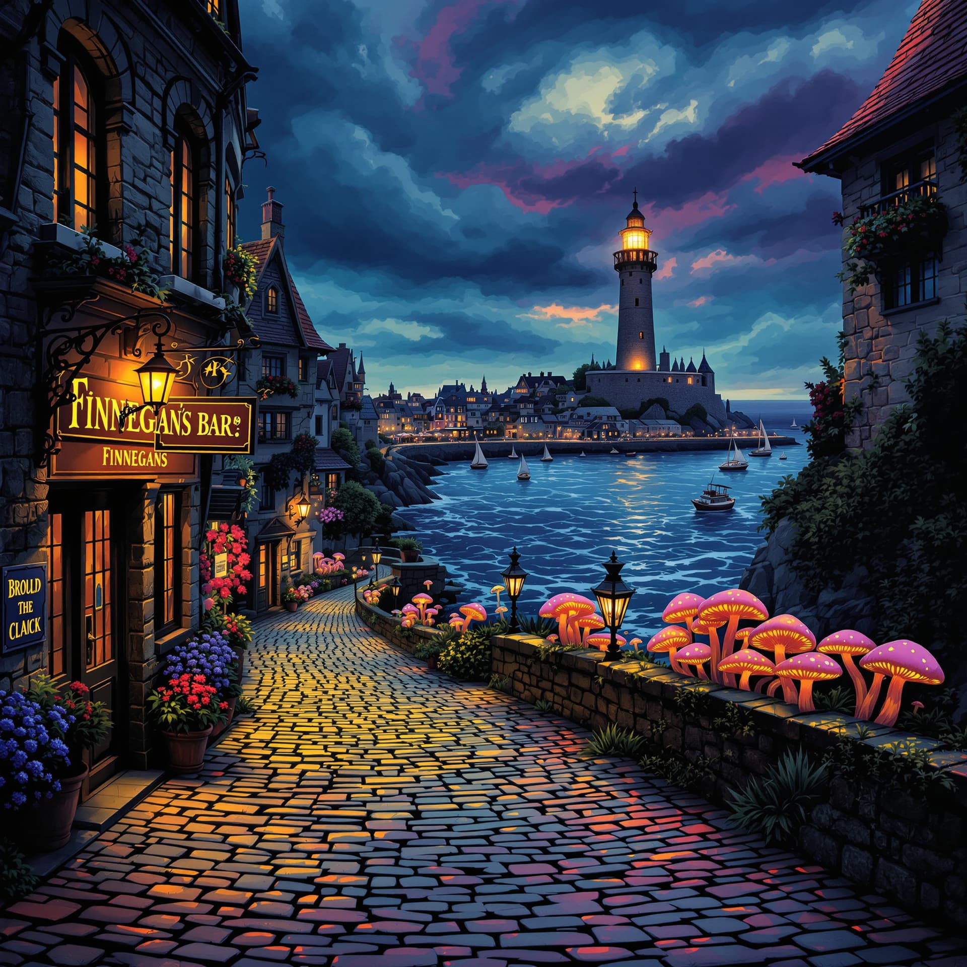 AI generated: A trippy, surreal, psychedelic, captivating dark fantasy illustration of a picturesque European-styl...