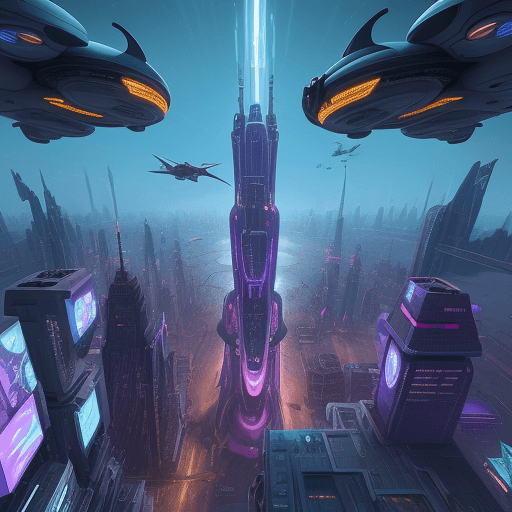 AI generated: Create a sci-fi city of the future where there will be flying cats and stitch robots