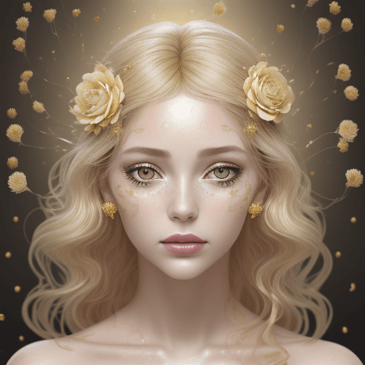 AI generated: magnetific soft background.
dry flowers in blond hair.
women in water with camelias
dark eyes 
gold ...