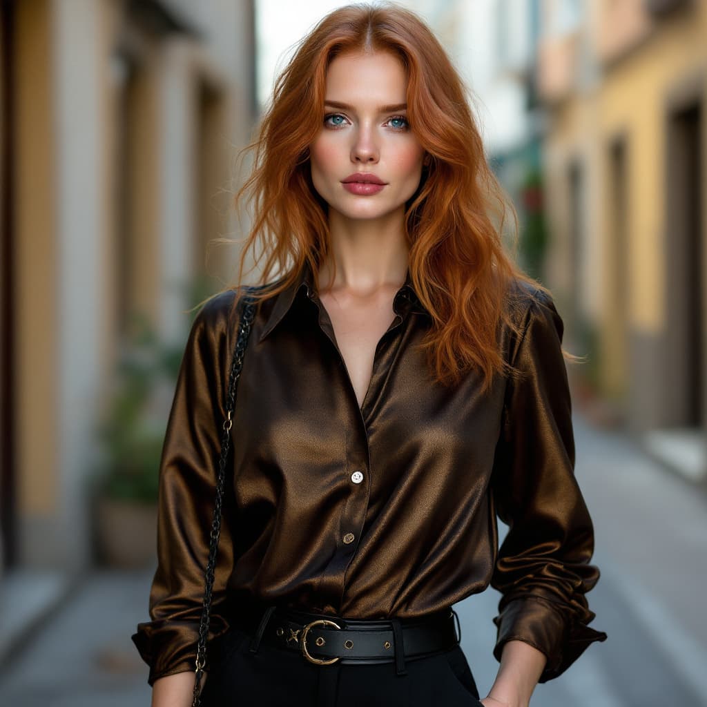 AI generated: High resolution photography una mujer ginger, rasgos de jessica chastain, ojos azules cabello liso s...
