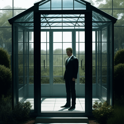 AI generated: glass house. a man stand outside
