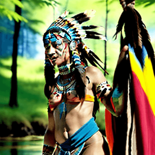 AI generated: Beautiful native American woman, velopuous,colorful headdress, tight native clothing, two piece brow...