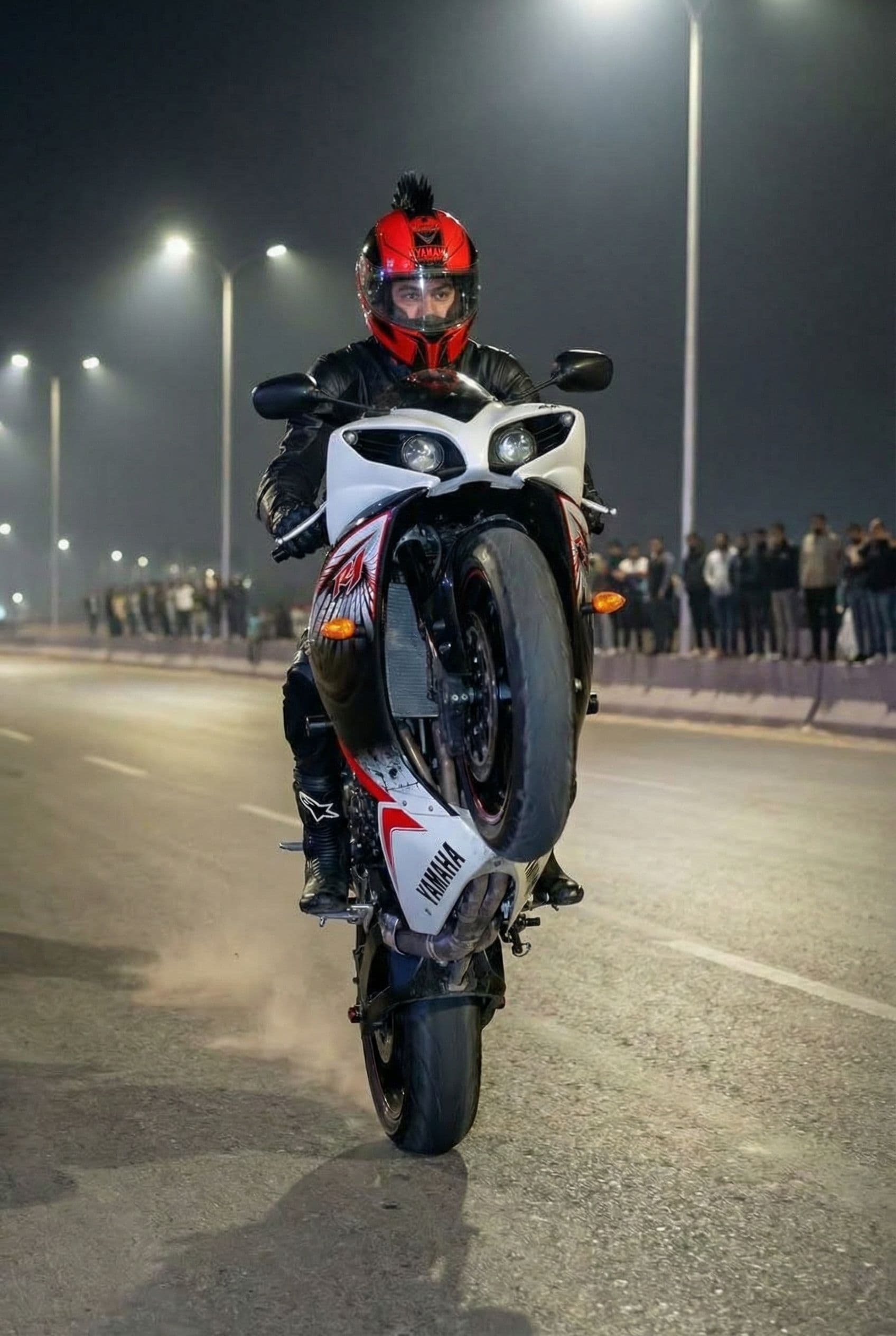 AI generated: Wheelie vertically at the uploaded highway , front view