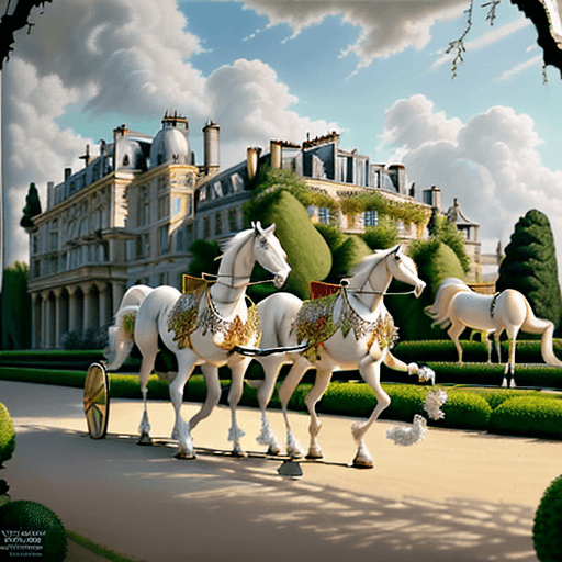 AI generated: Produce a hyper-realistic oil painting featuring a scene of six rearing Arabian white stallions draw...