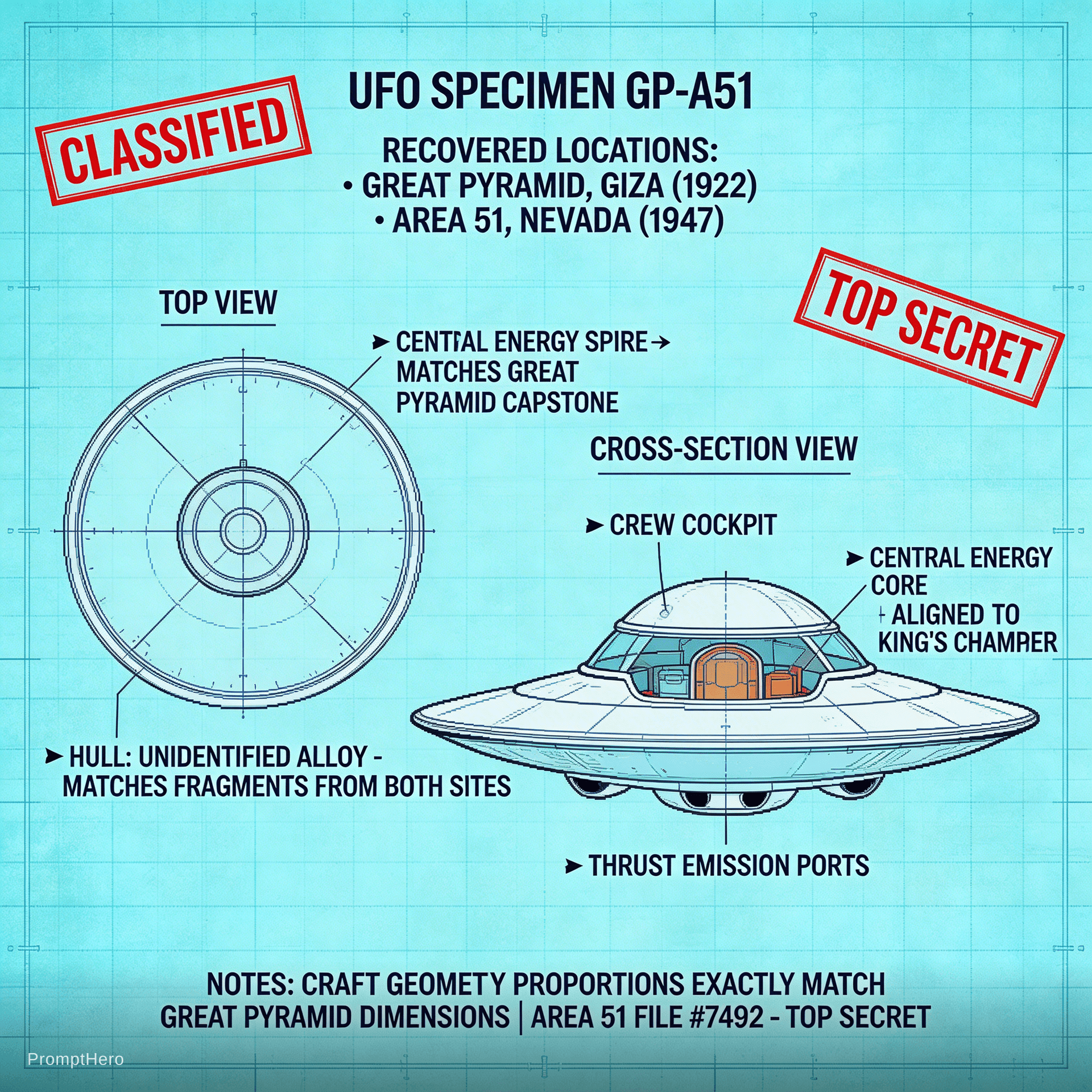 AI generated: A blueprint of a UFO with details, found at area 51 and in the pyramids. High detail. Photorealistic...