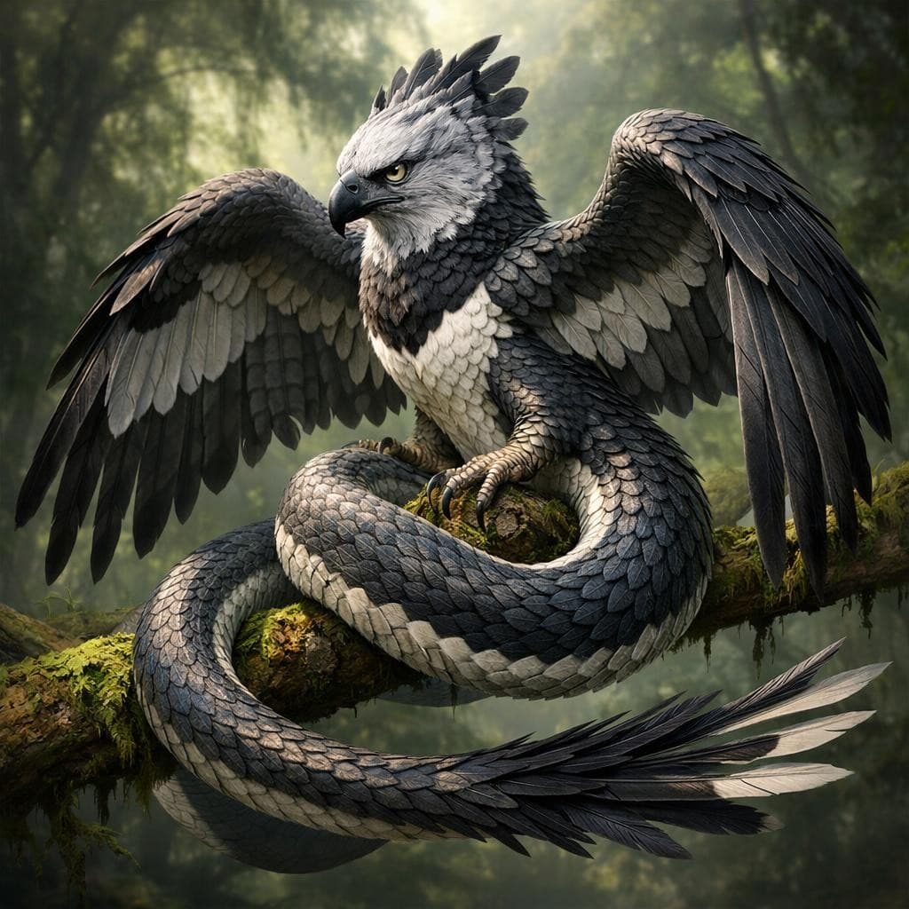 AI generated: create a new creature that is a mix of a Harpy Eagle and a Snake with the Head of the Harpy Eagle an...