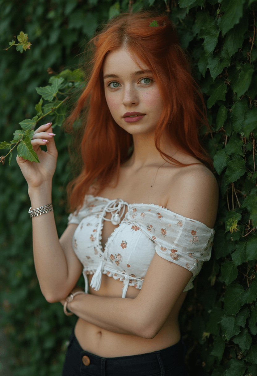 AI generated: A photorealistic full-length portrait of an adult woman with vibrant red, wavy hair, standing amidst...