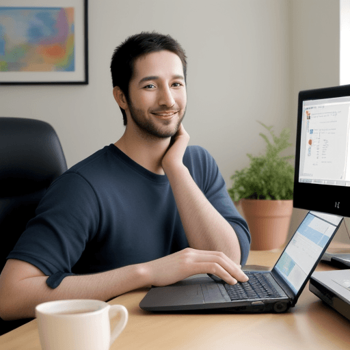 AI generated: Art not realistic man 30 years old great mood looking at the computer creating websites, 
