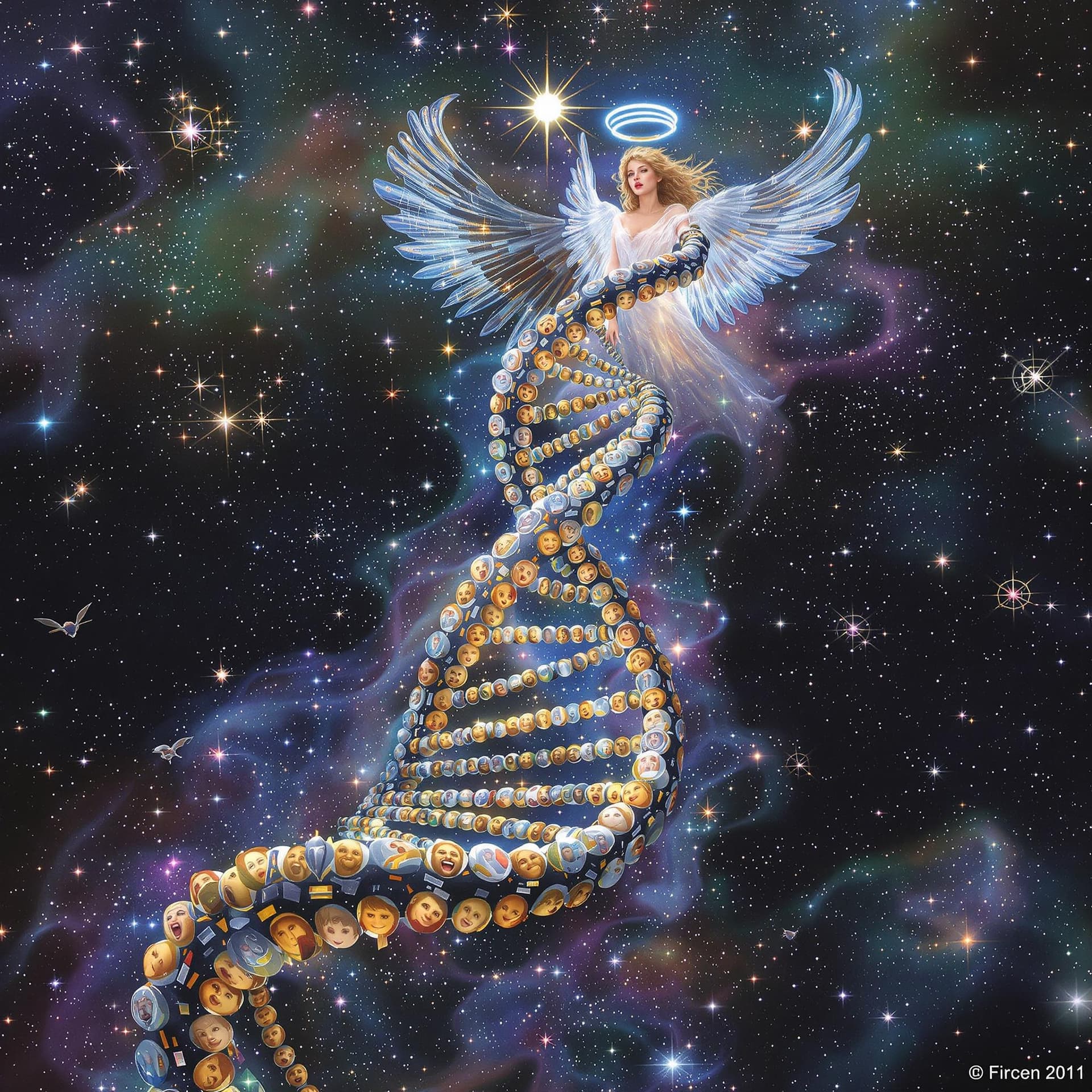 AI generated: A colossal double helix made of liquid galaxies spirals through space, each genetic code spelling ou...