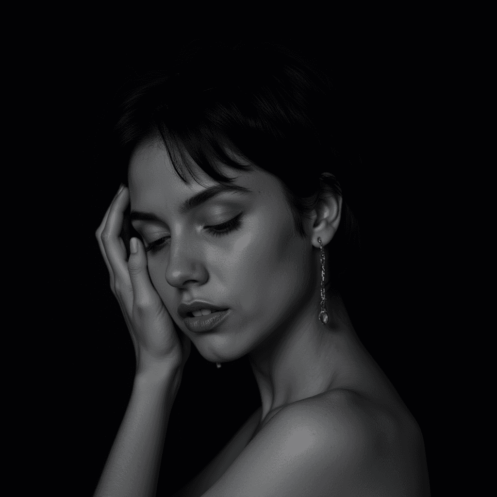 AI generated: black and white close-up photograph of a woman, from the side, eyes closed, short dark hair, messy h...