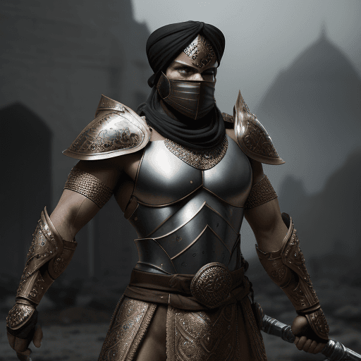 AI generated: Male Persian warrior in a battleground, wearing a full battle face mask, helm, and turban, facing th...